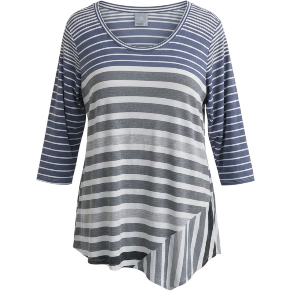 Sunday Striped Tunic Top 3X Blue Grey White 3/4 Sleeve Asymmetrical Hem Rayon